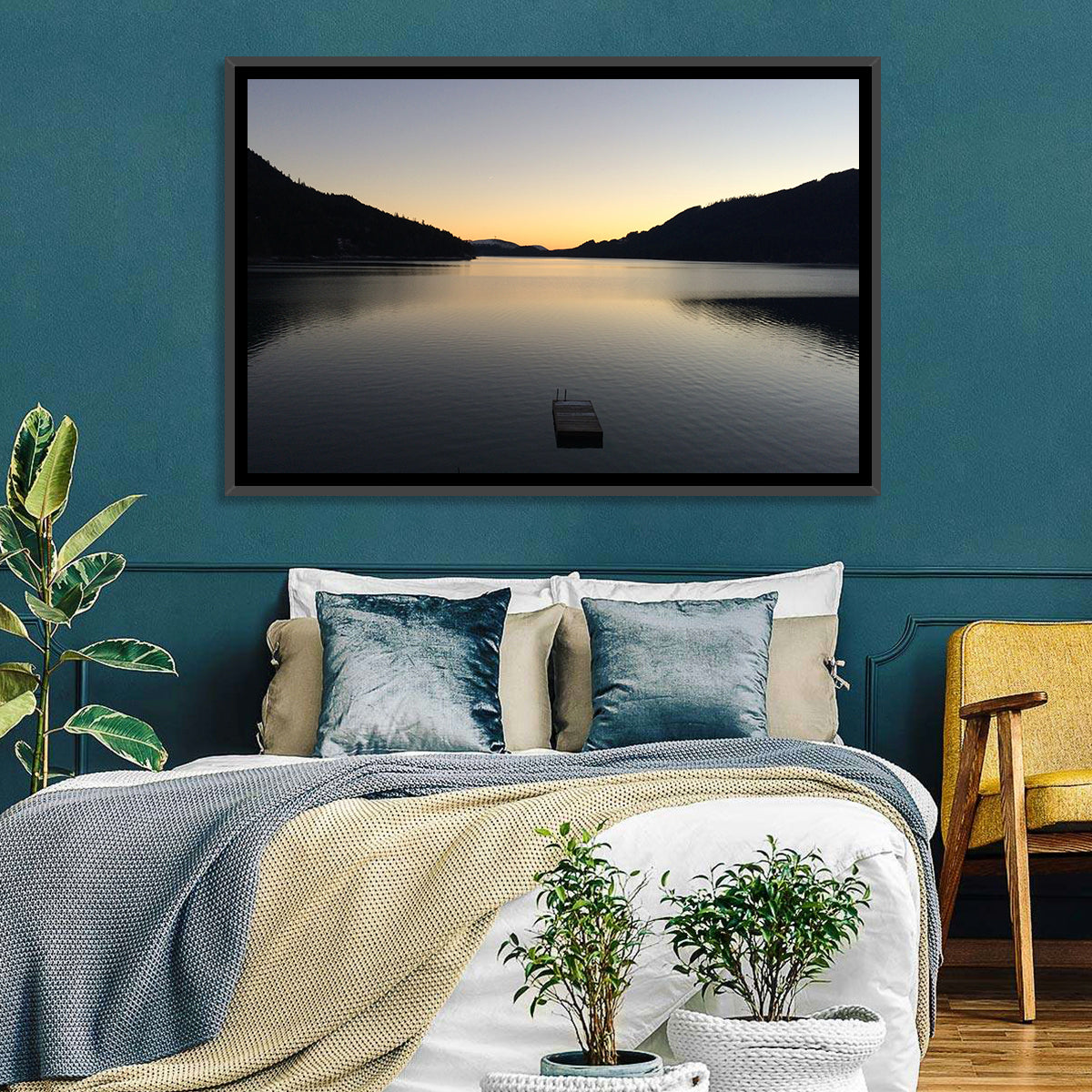 Lake Cushman Dock at Dusk Wall Art in a room, landscape
