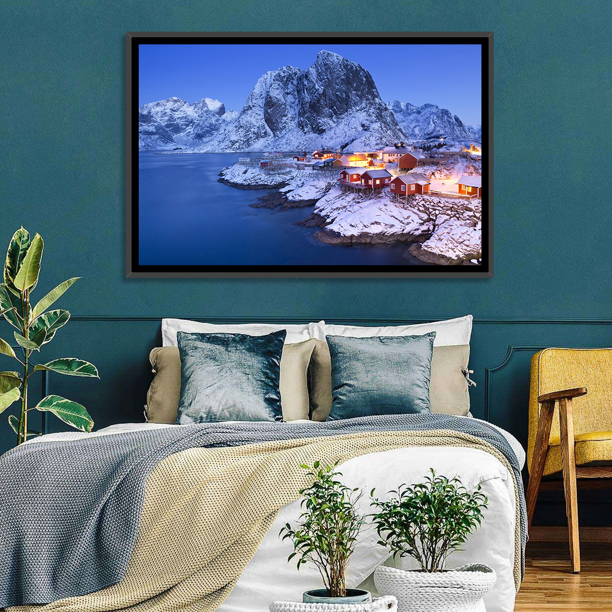 Hamnøy Red Cabins at Winter Dusk Wall Art in a room, landscape
