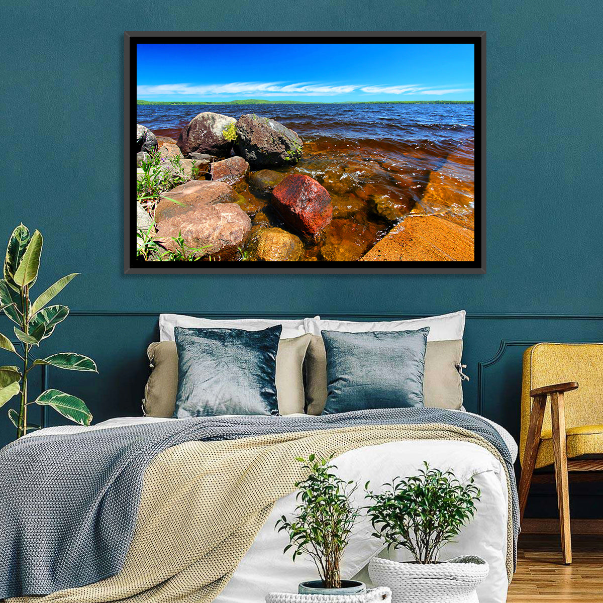 Lake Gogebic Rocky Shoreline Wall Art in a room, landscape