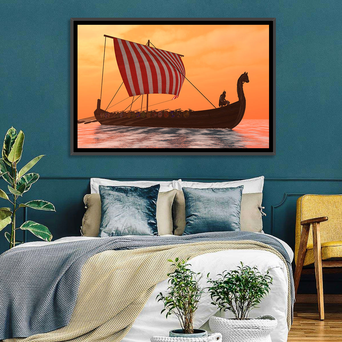 Viking Longship at Dusk Wall Art in a room, landscape