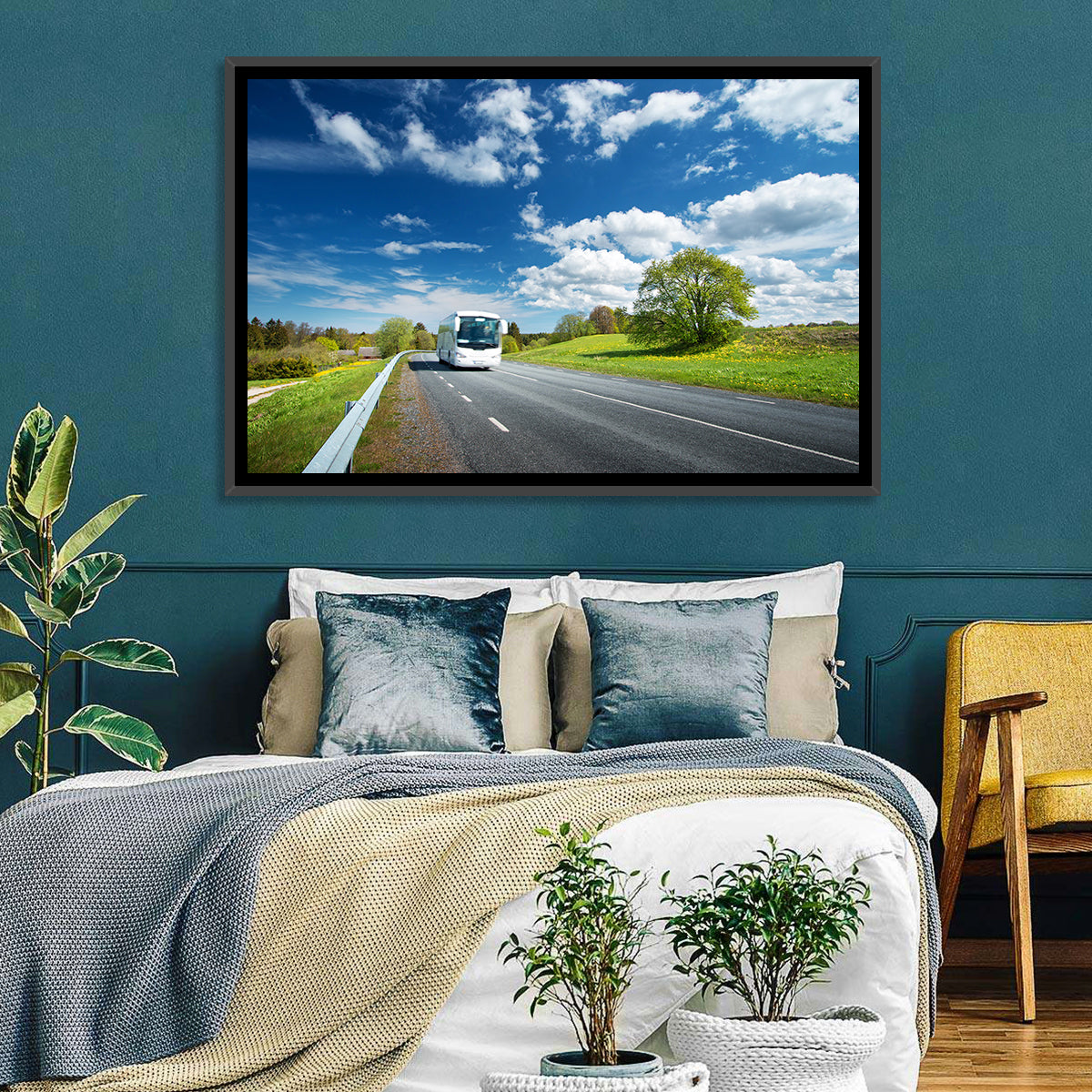 White Bus on Meadow Road Wall Art