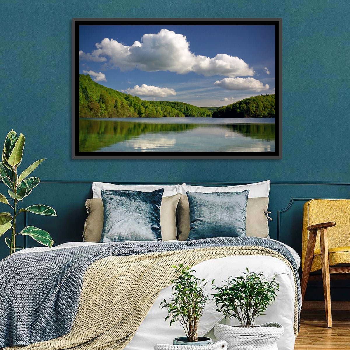 Plitvice Forest Lake Scene Wall Art in a room, landscape