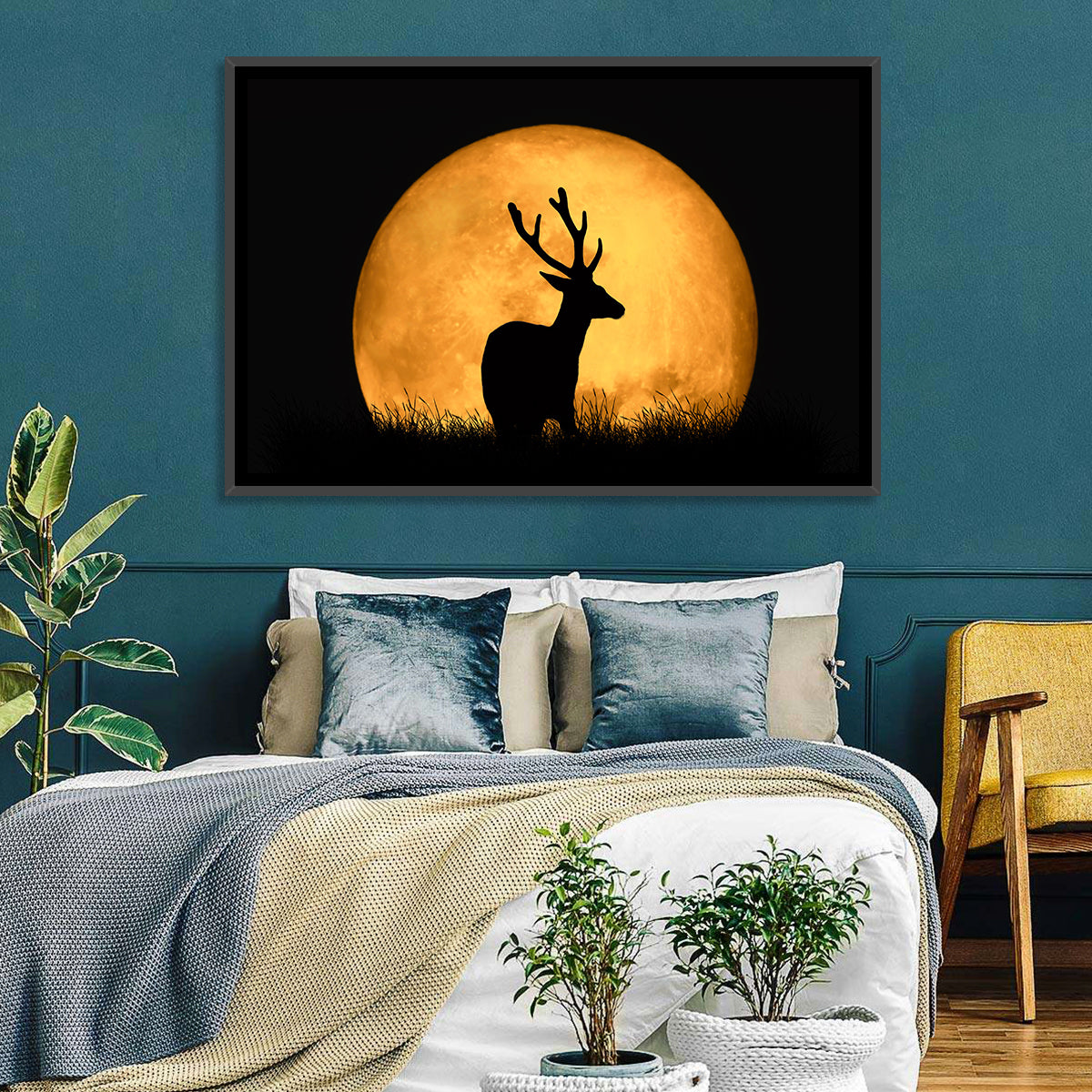 Buck Silhouette Under Red Moon Wall Art