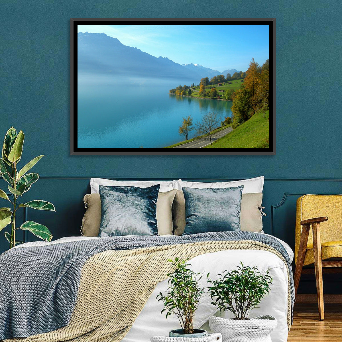 Lake Brienz Misty Shoreline Wall Art in a room, landscape