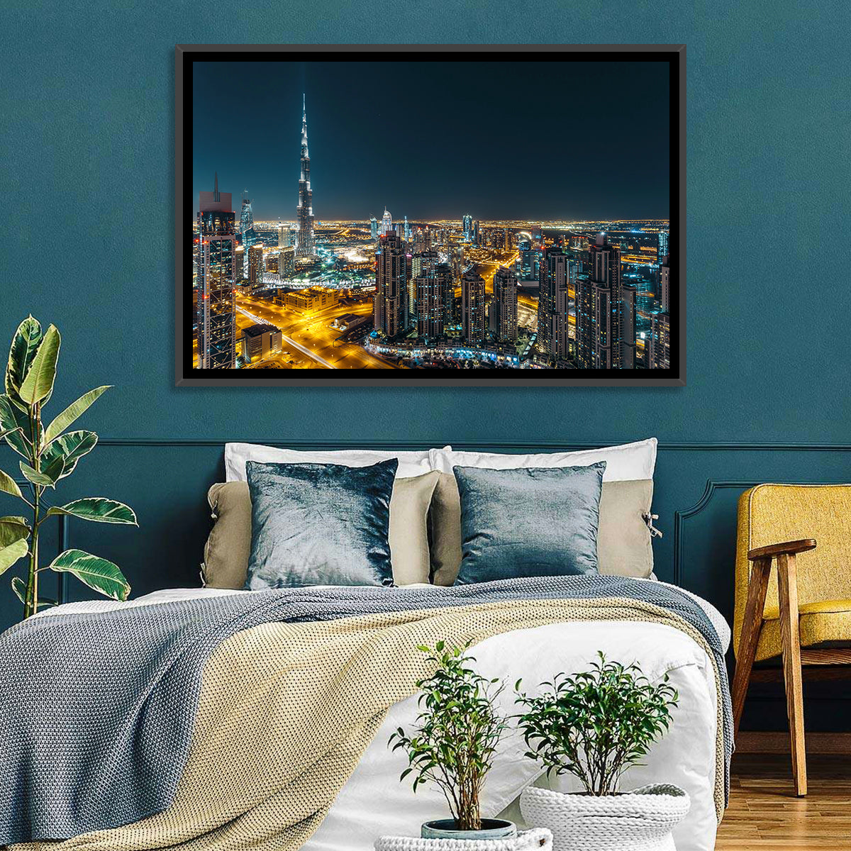 Dubai Night Skyline with Burj Khalifa Wall Art in a room, landscape