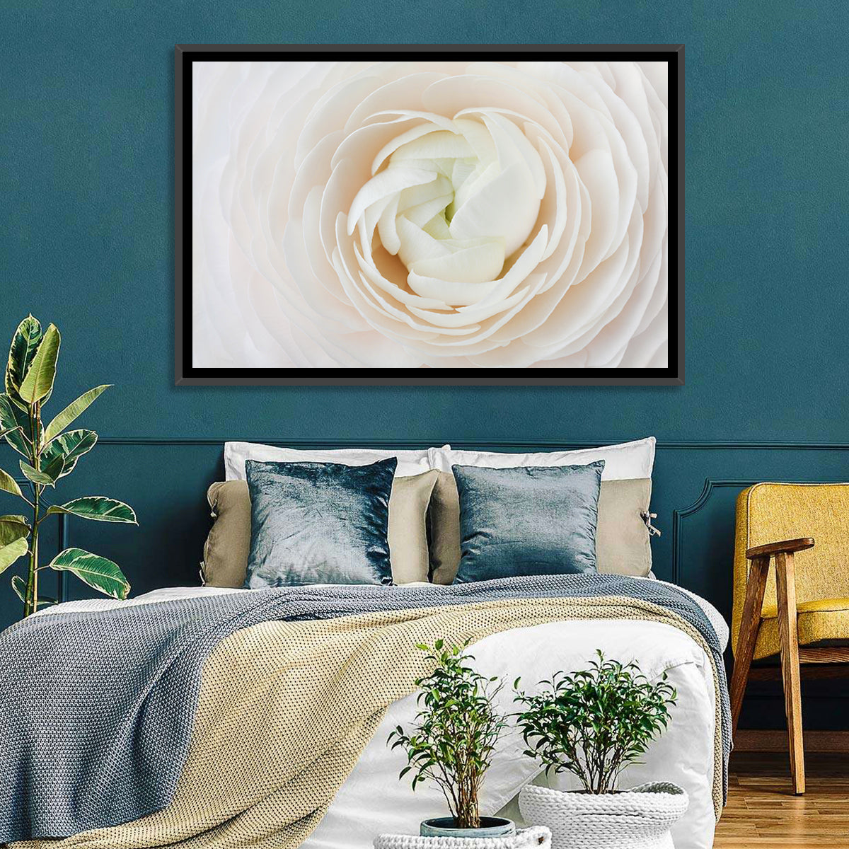 Peach Ranunculus Macro Bloom Wall Art in a room, landscape