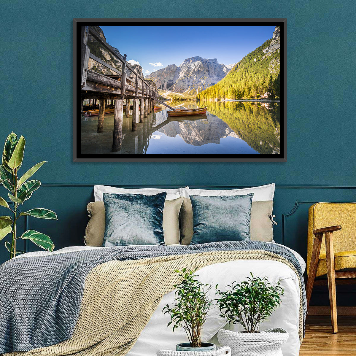 Lago Di Braies Pier Wall Art in a room, landscape