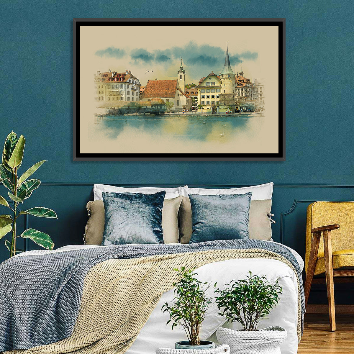 Lucerne Waterfront Sketch Wall Art in a room, landscape