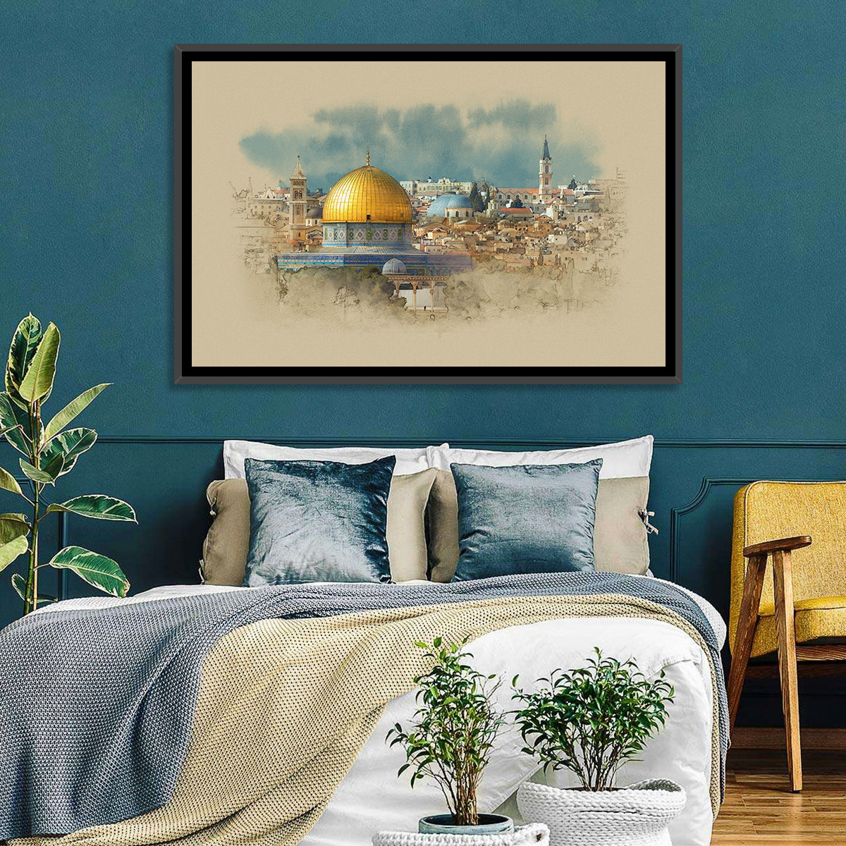 Dome of the Rock Watercolor Study Wall Art in a room, landscape