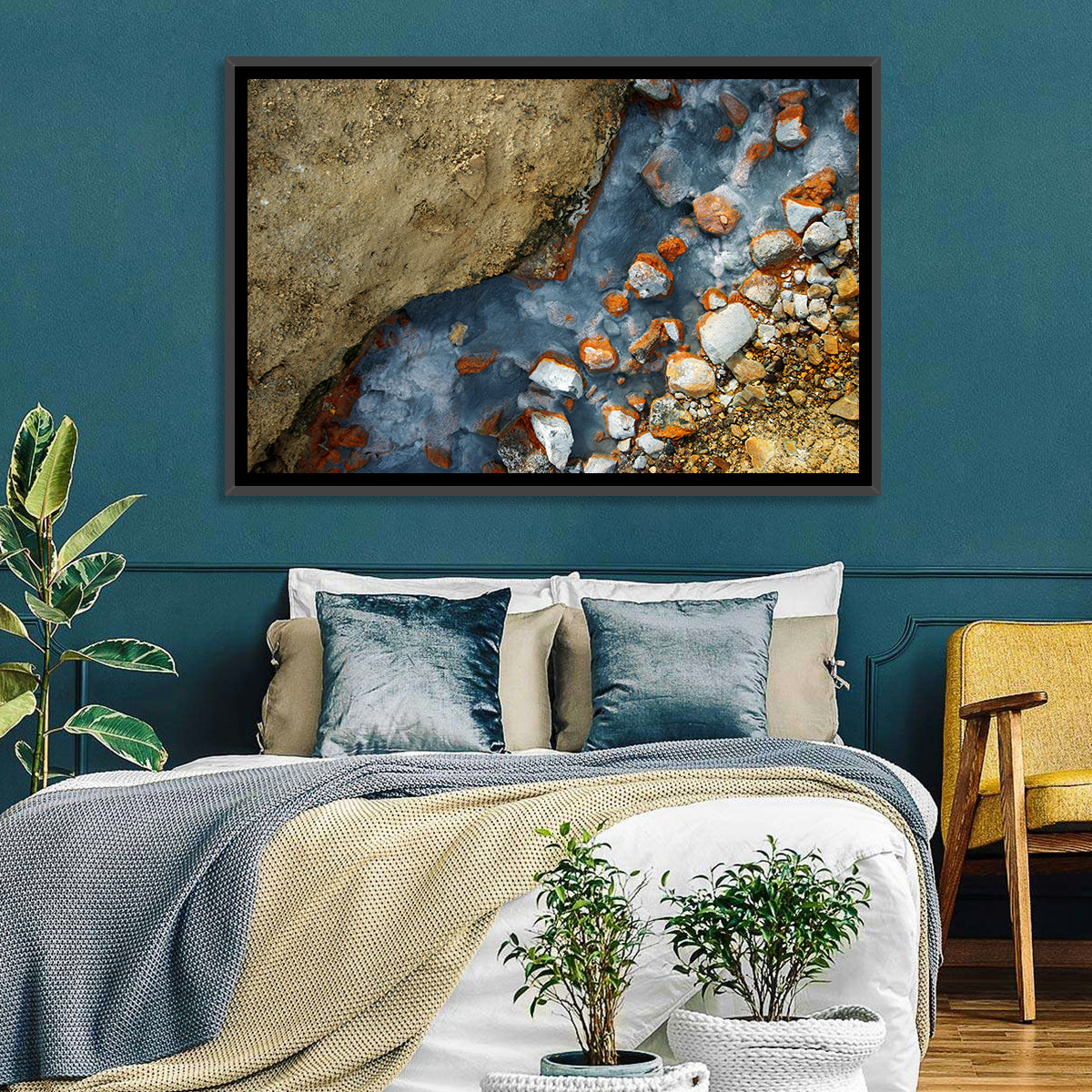 Milky Blue Geothermal Creek Wall Art in a room, landscape