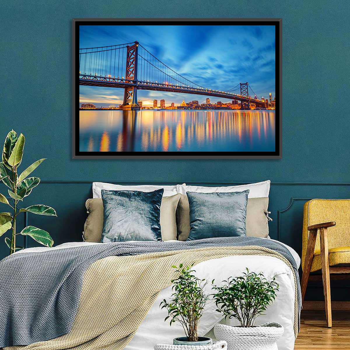 Benjamin Franklin Bridge Twilight Wall Art in a room, landscape