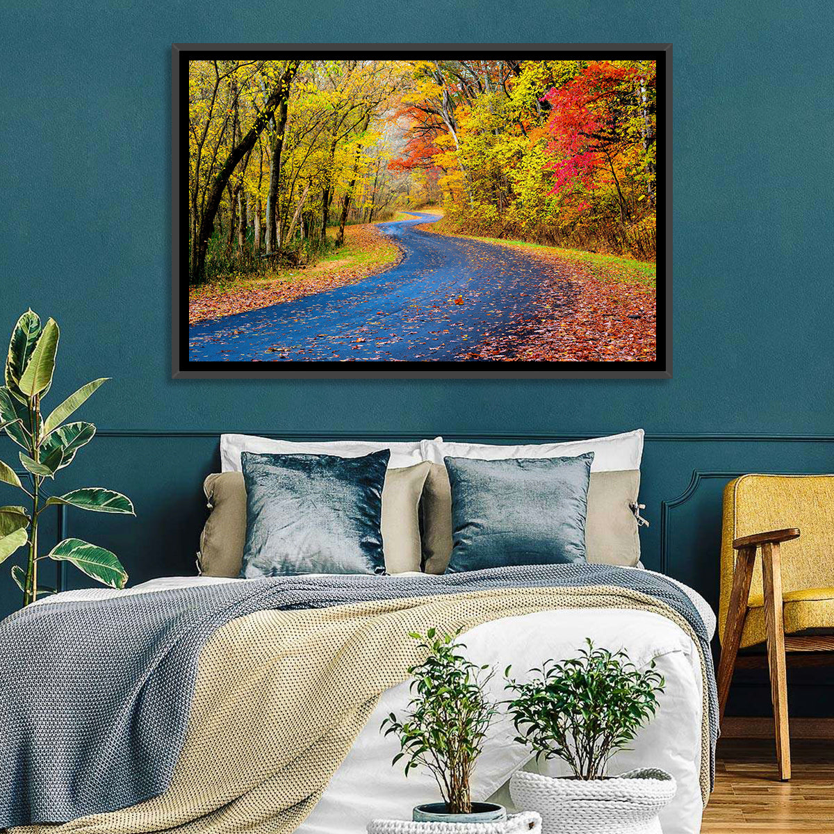 Wet Autumn Road Wall Art in a room, landscape