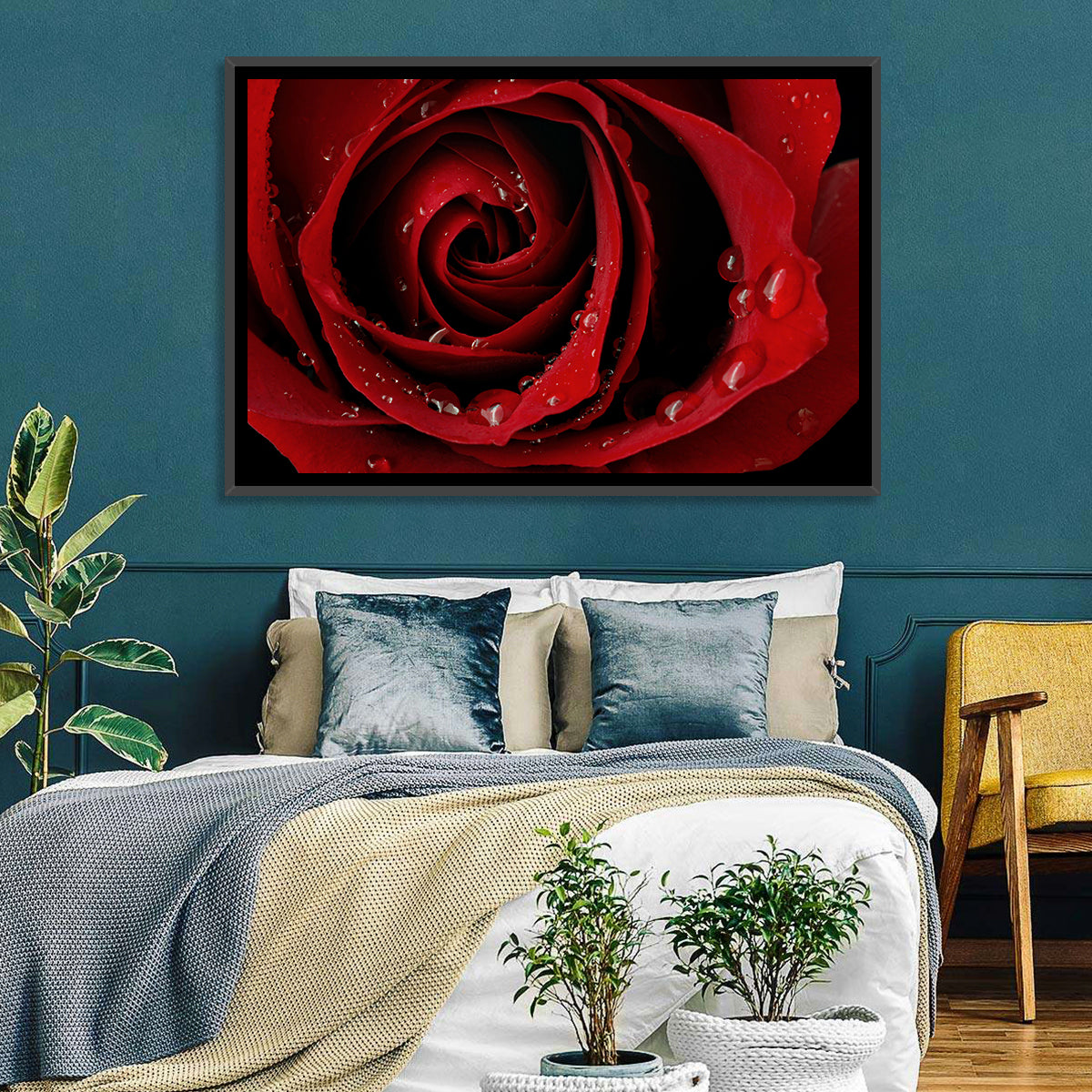 Red Rose with Dew Drops Wall Art in a room, landscape