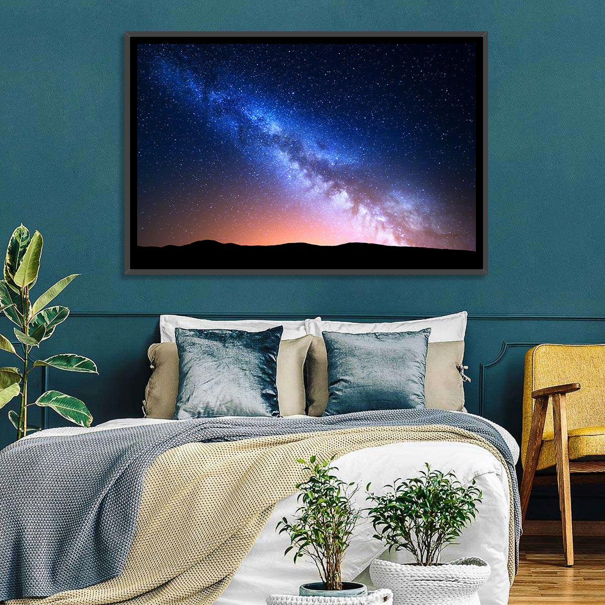 Milky Way Over Silhouetted Hills Wall Art in a room, landscape