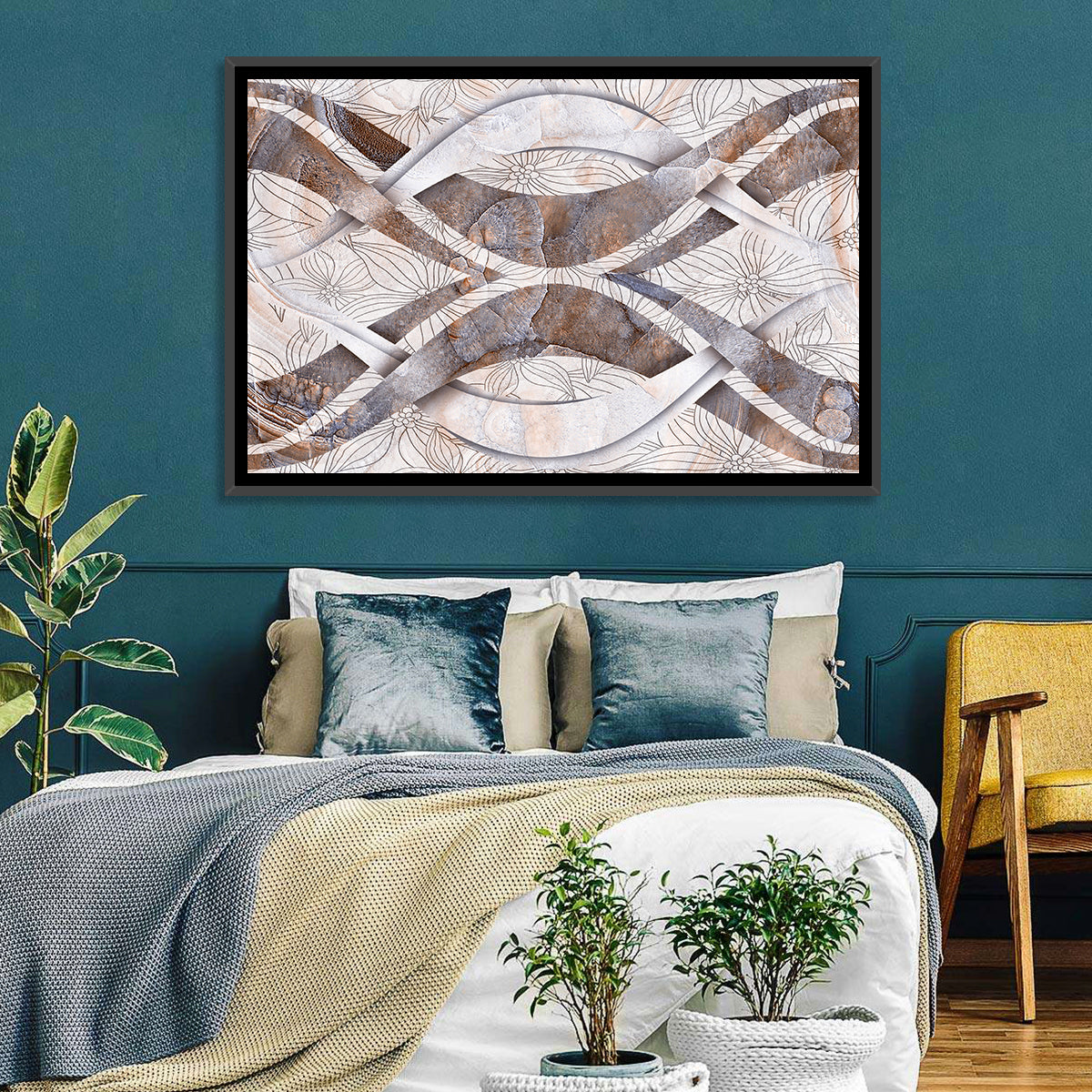 Waving Stone with Line Flowers Wall Art in a room, landscape