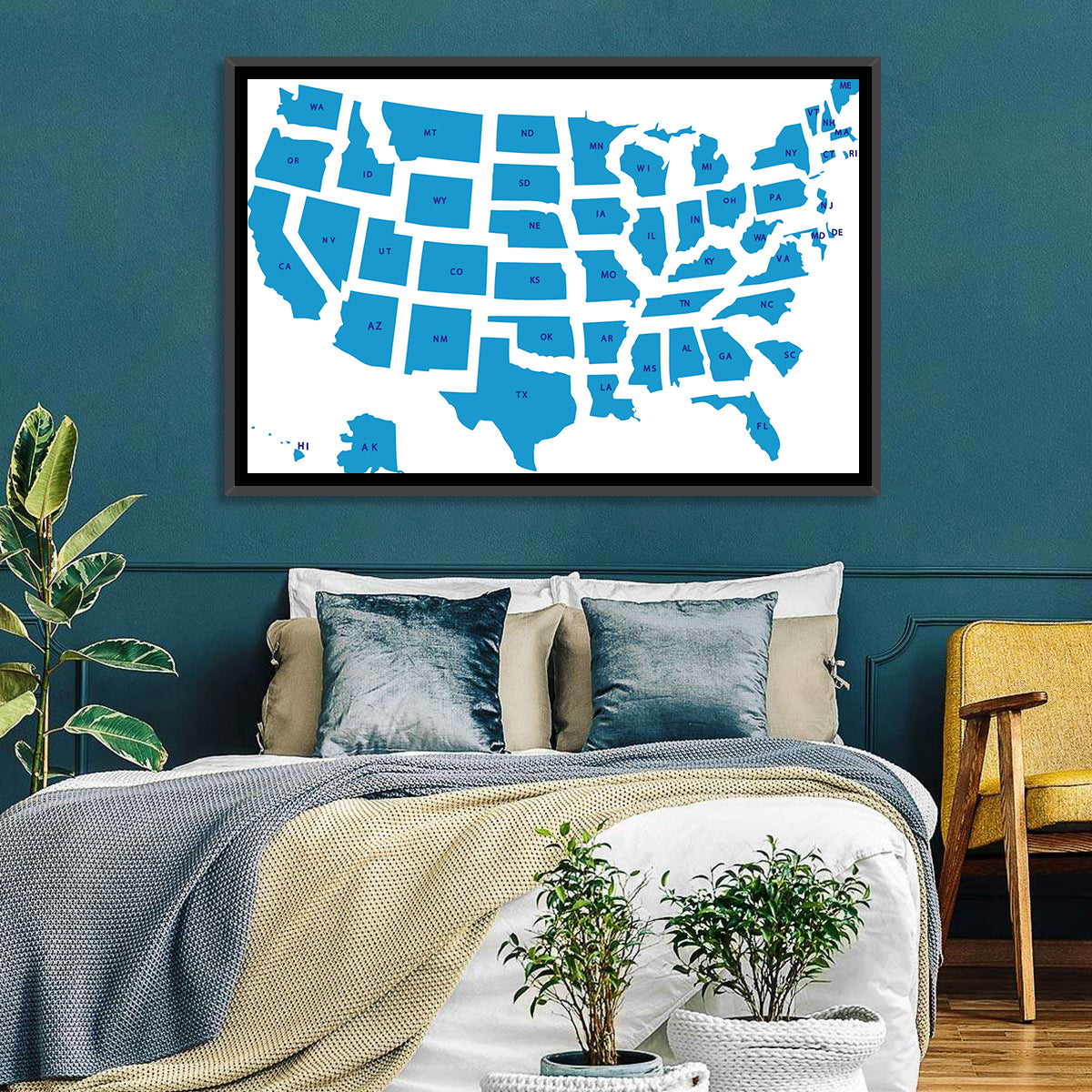 Blue Minimalist USA Map Wall Art in a room, landscape