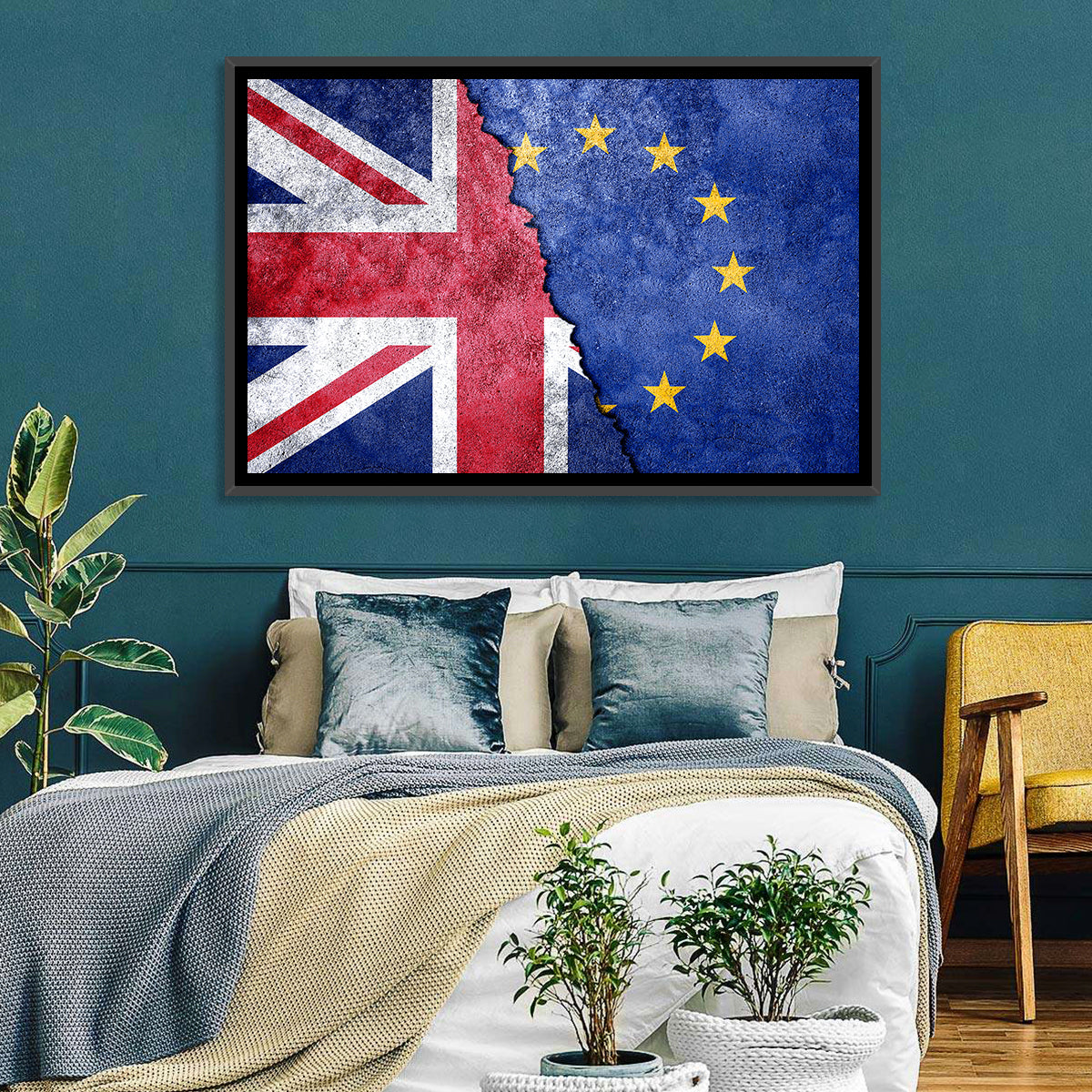 Divided Union Jack and Eu Flag Wall Art in a room, landscape