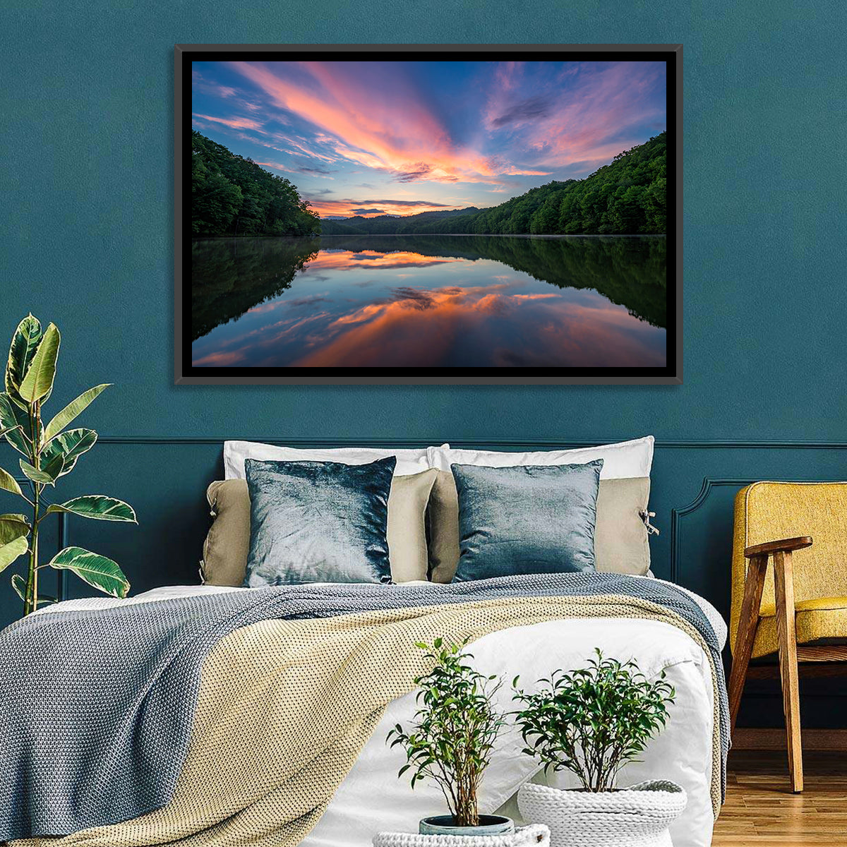 Appalachian Lake Sunset Wall Art in a room, landscape