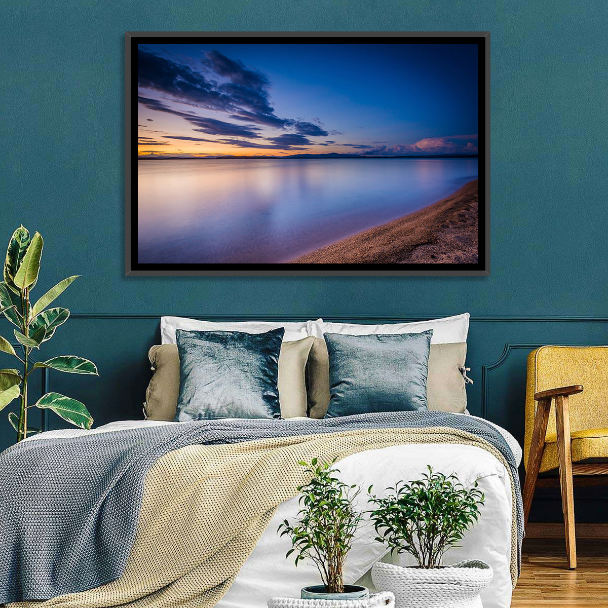Lake Winnipesaukee Shoreline Sunset Wall Art in a room, landscape