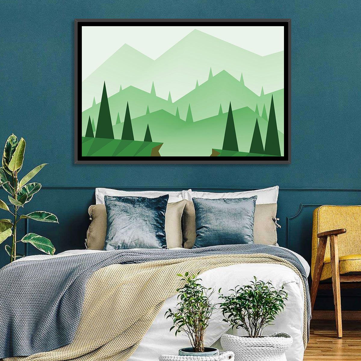 Misty Green Hills Illustration Wall Art in a room, landscape