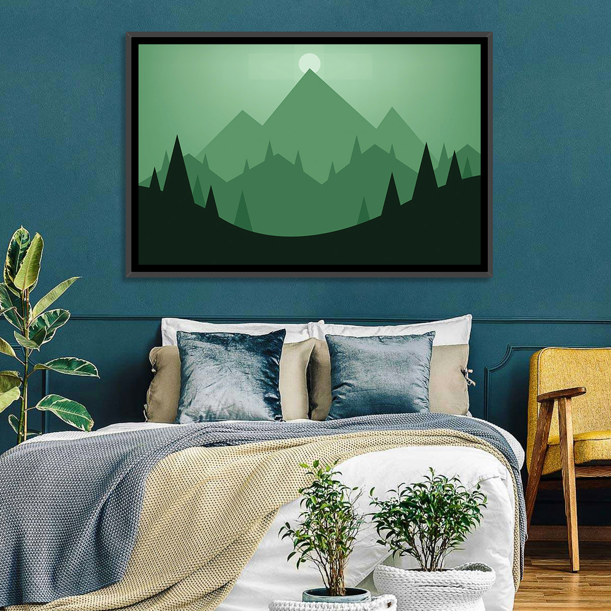 Geometric Mountain Sunset Illustration Wall Art in a room, landscape