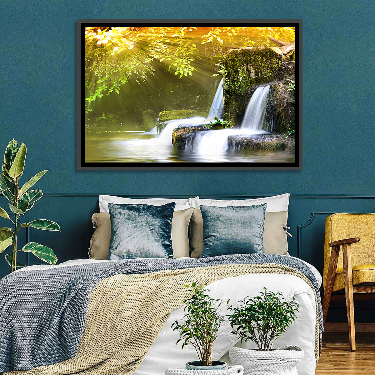 Sunlit Forest Waterfall Wall Art in a room, landscape