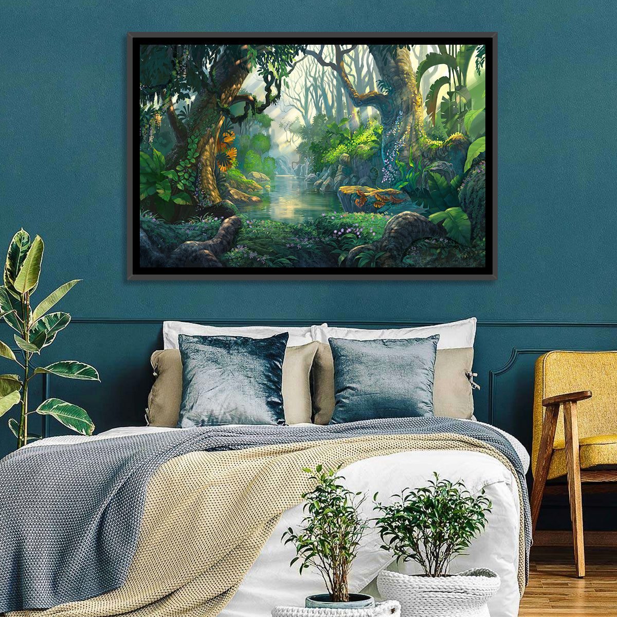 Sunlit Jungle River Wall Art in a room, landscape