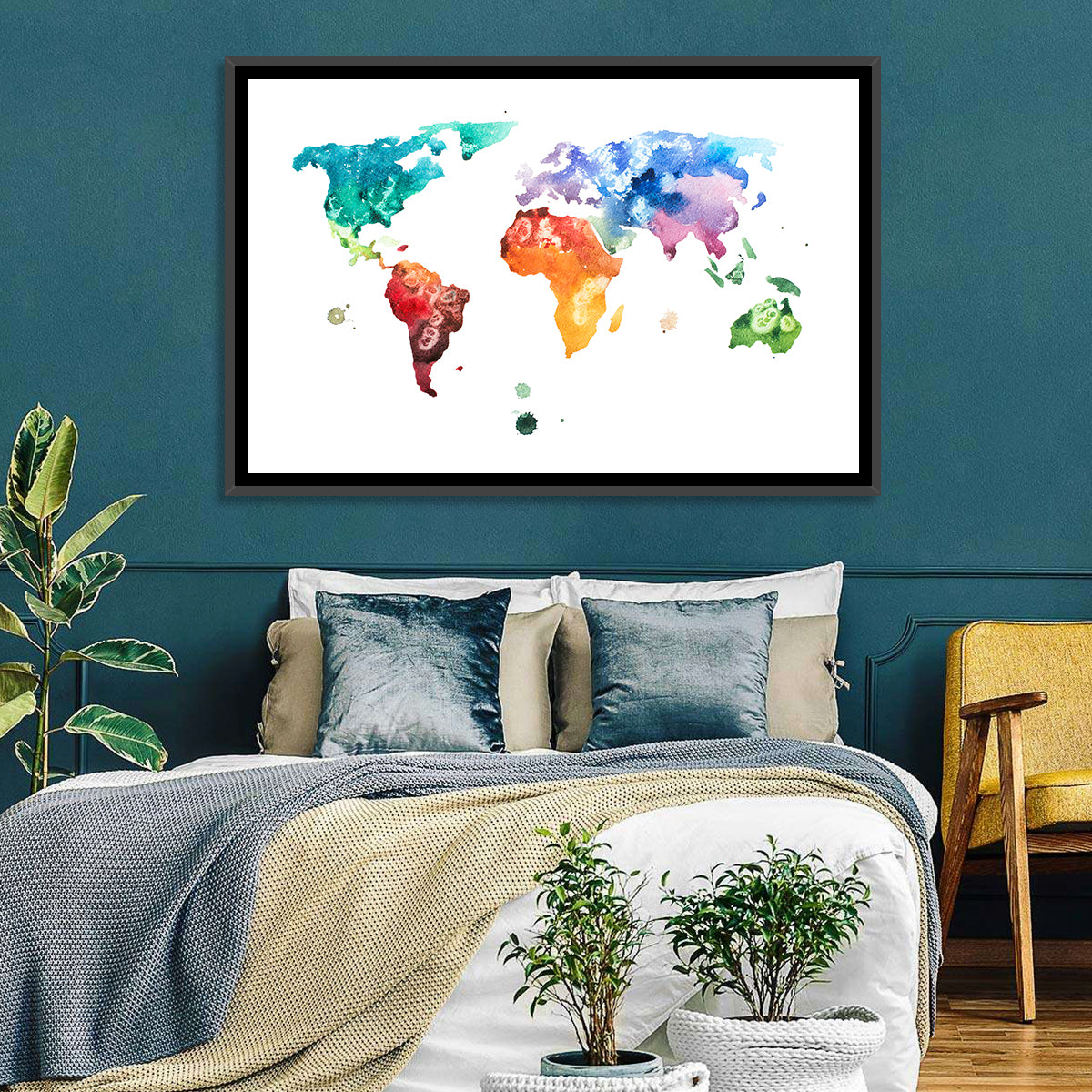 Multicolor Watercolor World Map Wall Art