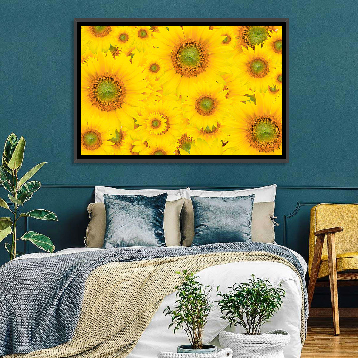 Sunflower Field Close-up in Yellow Wall Art in a room, landscape
