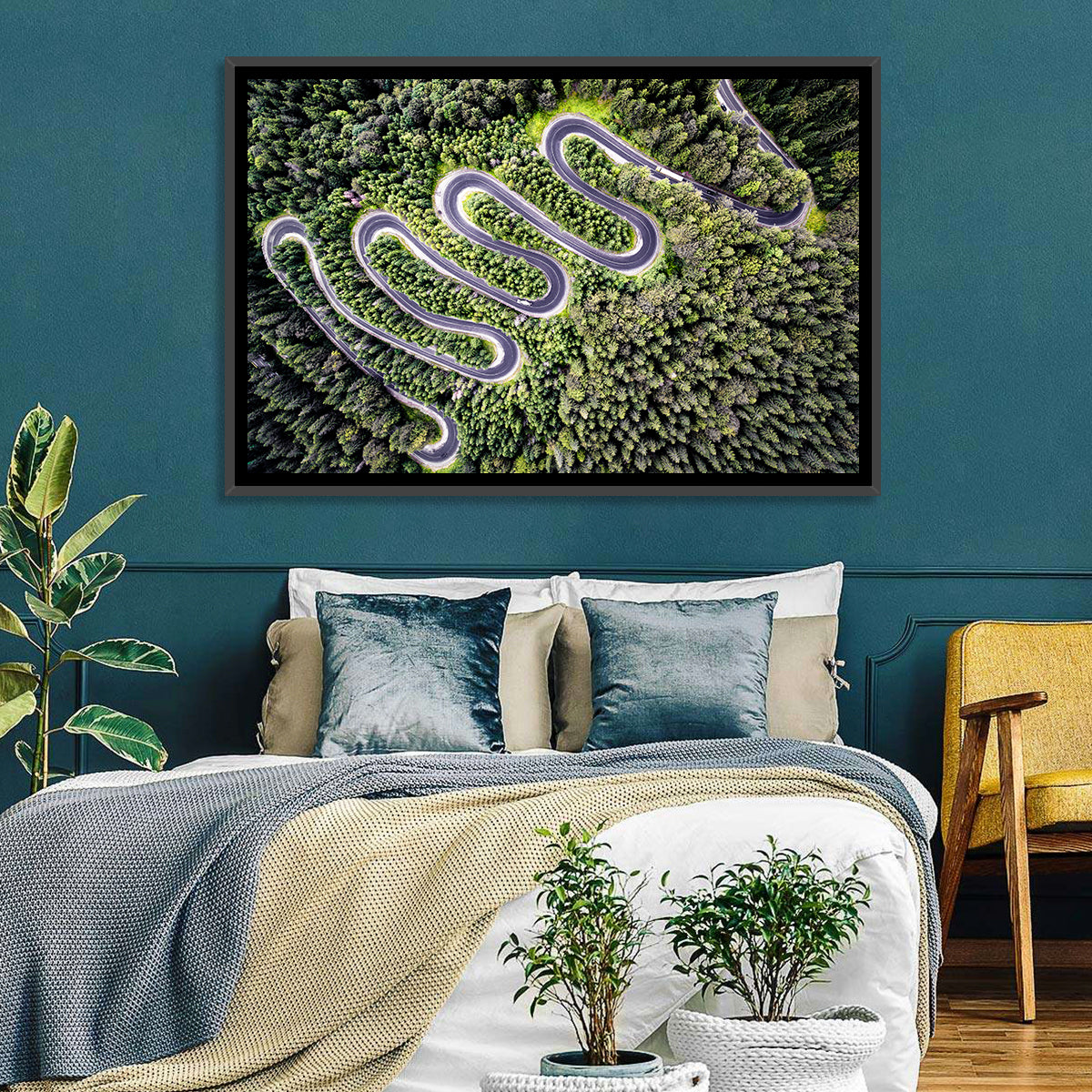Serpentine Mountain Road Wall Art in a room, landscape