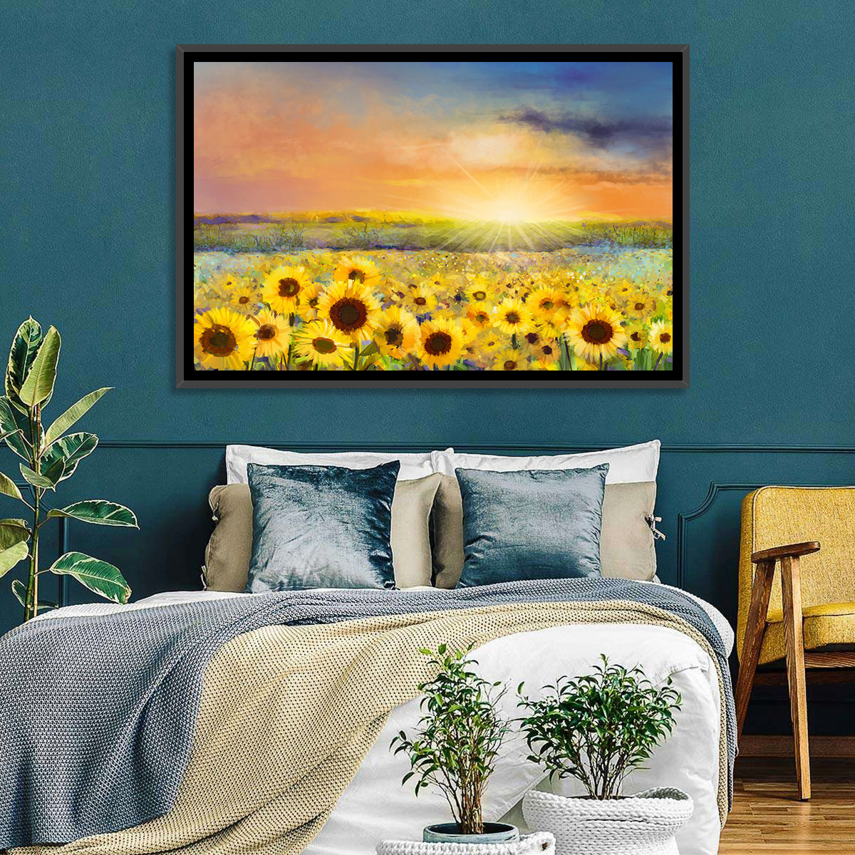Sunburst Over Sunflower Field Wall Art in a room, landscape