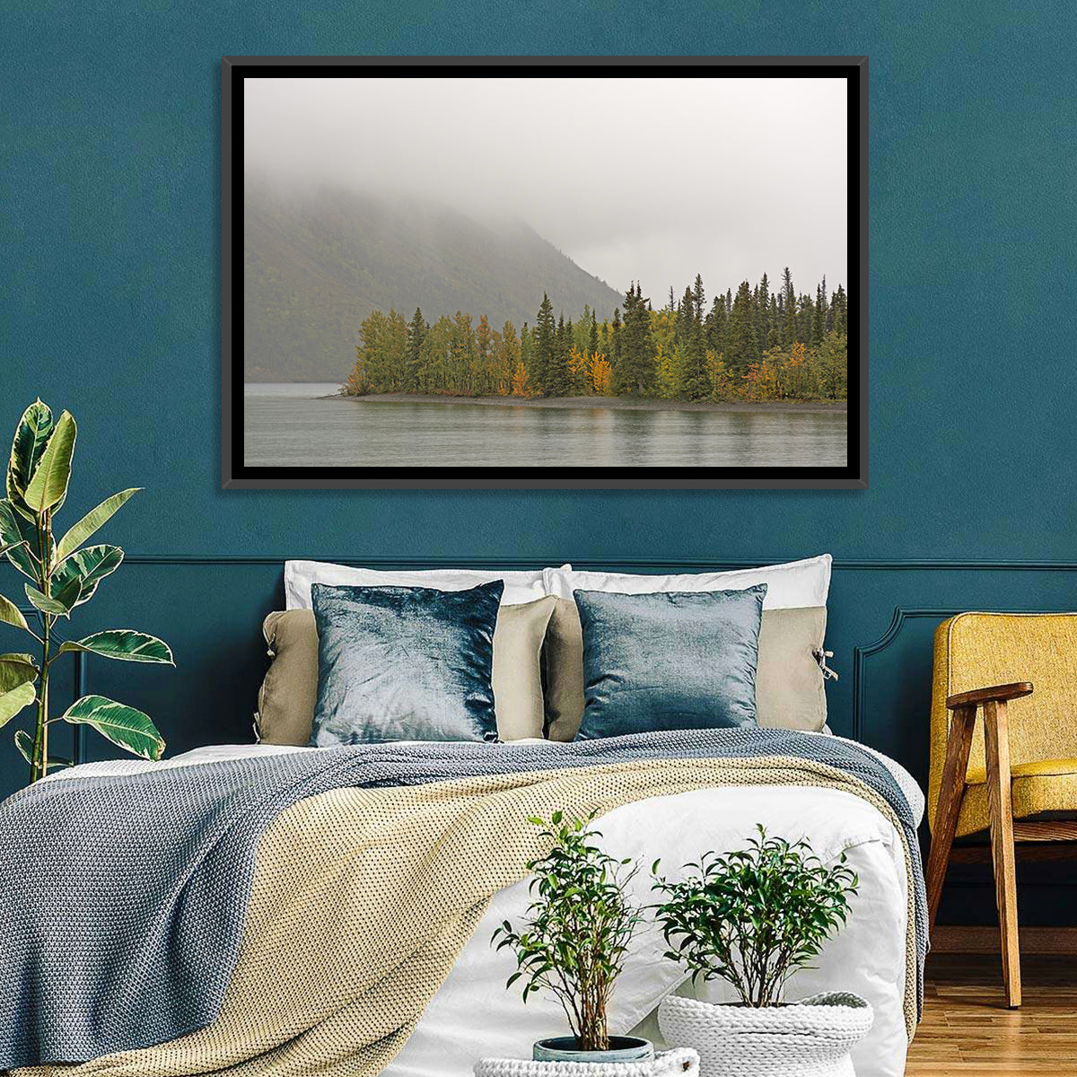 Kathleen Lake Autumn Shoreline Wall Art in a room, landscape
