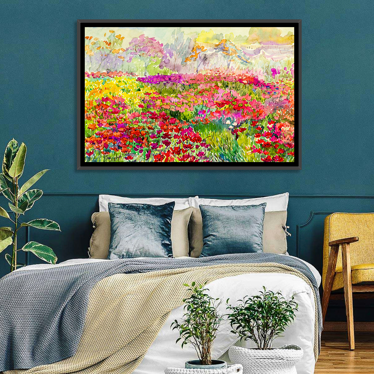 Summer Poppy Meadow Watercolor Wall Art in a room, landscape