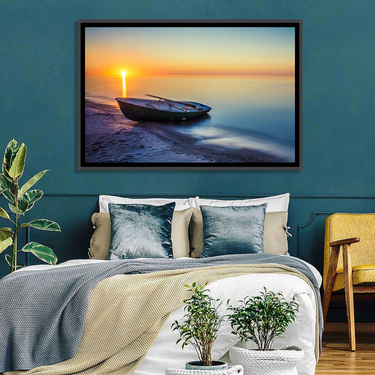Rowboat Sunrise Seascape Wall Art in a room, landscape