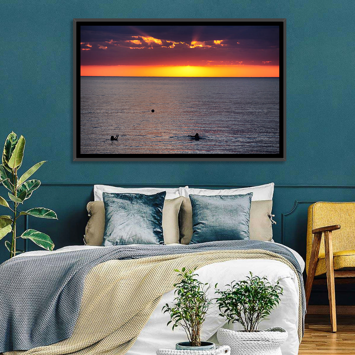 Balkhash Sunset Silhouettes Wall Art in a room, landscape