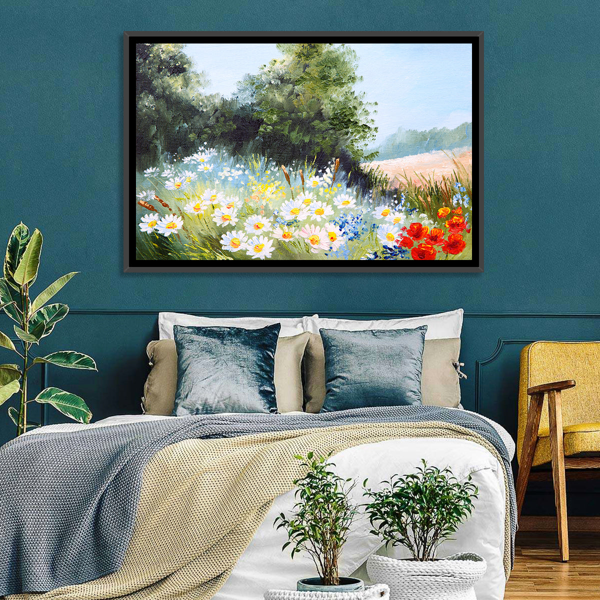 Sunny Daisy Meadow with Red Poppies Wall Art
