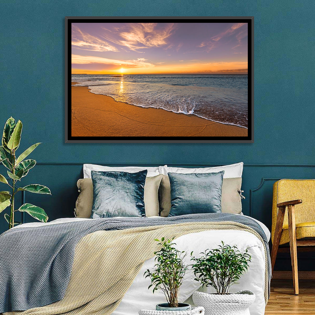 Sunrise Over Ocean Beach Wall Art in a room, landscape