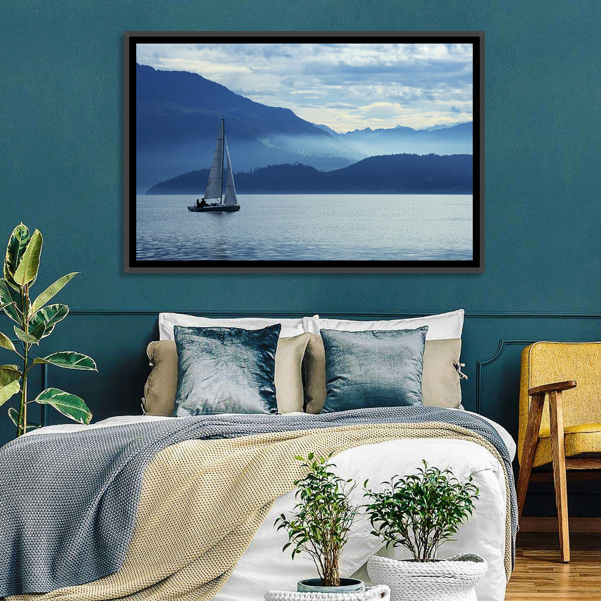 Lake Zug Sailing Wall Art in a room, landscape