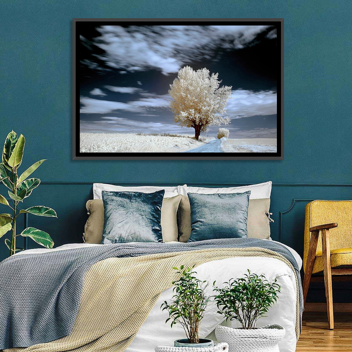 Infrared Winter Willow Tree Wall Art in a room, landscape