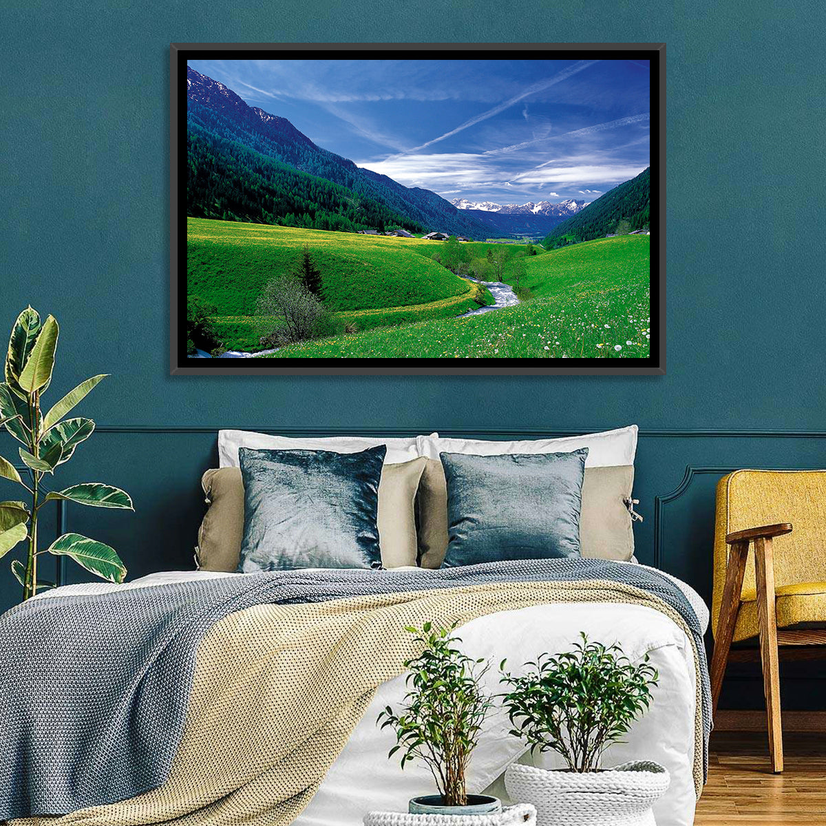 Snow-capped Peaks and Floral Meadow Wall Art in a room, landscape