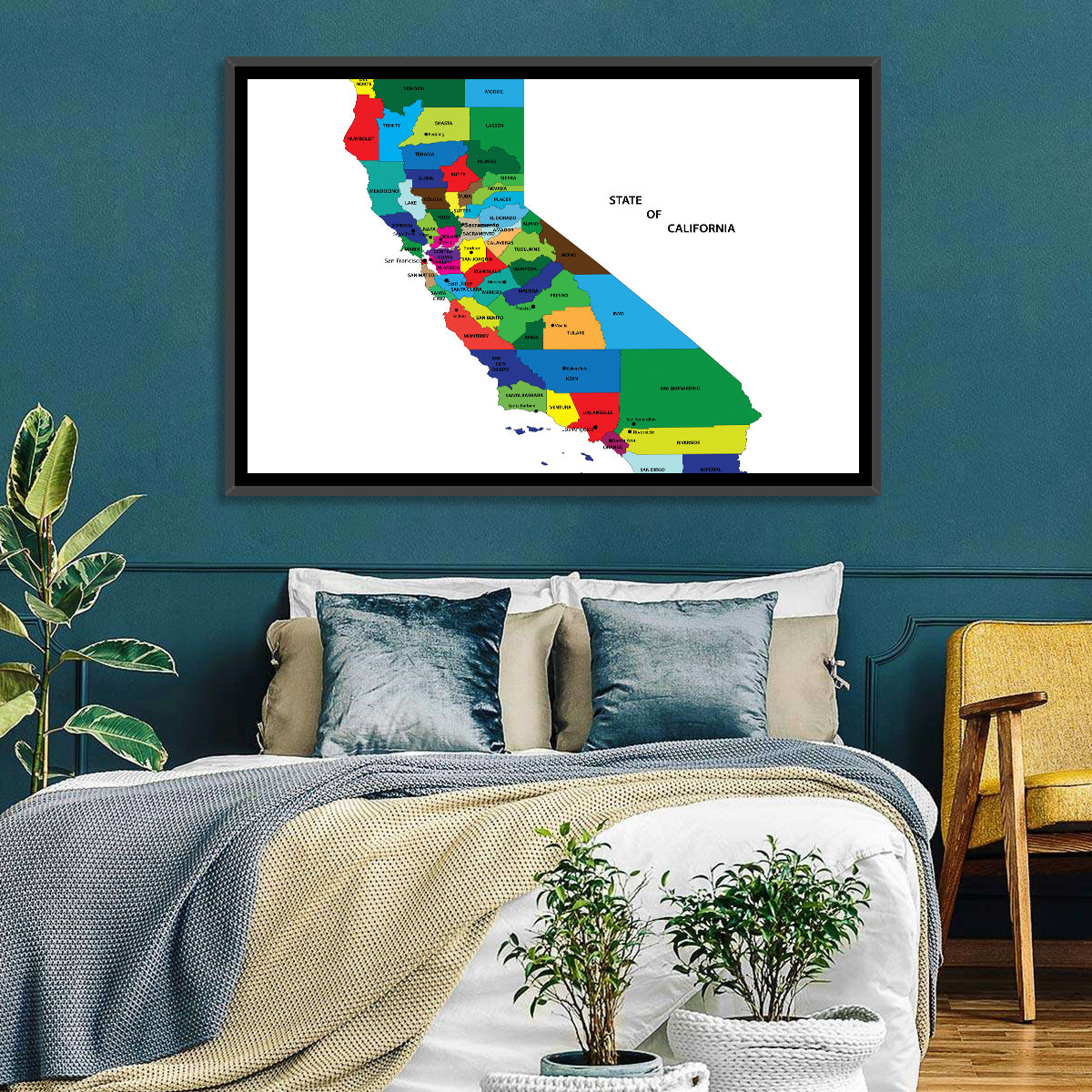 California Map with Colored Counties Wall Art in a room, landscape