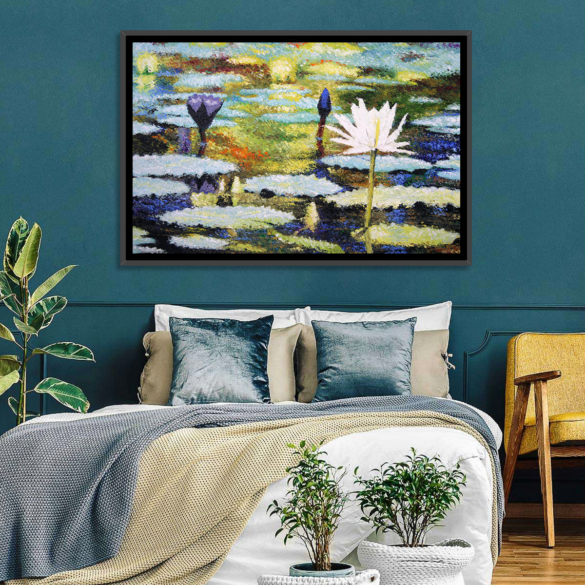 Impressionist Water Lilies Study Wall Art in a room, landscape