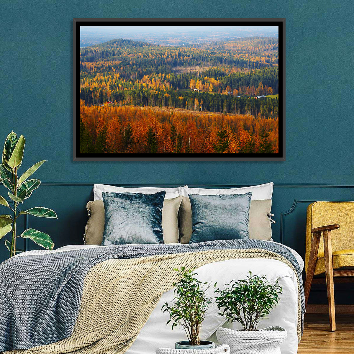 Finnish Autumn Landscape with Red-roofed House Wall Art in a room, landscape