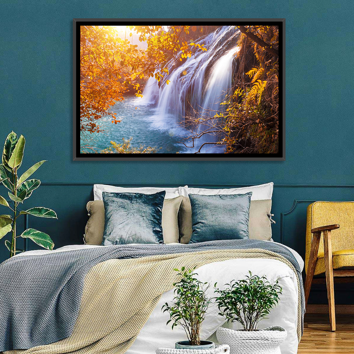 Golden Hour Waterfall in Autumn Forest Wall Art in a room, landscape