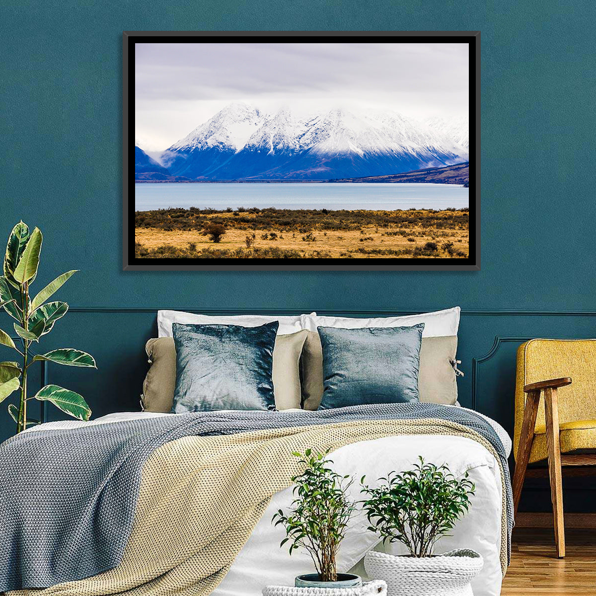 Lake Ohau Snowy Peaks Wall Art in a room, landscape