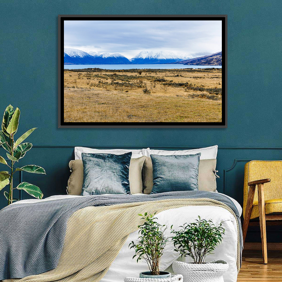 Snowy Peaks of Lake Ohau Wall Art in a room, landscape