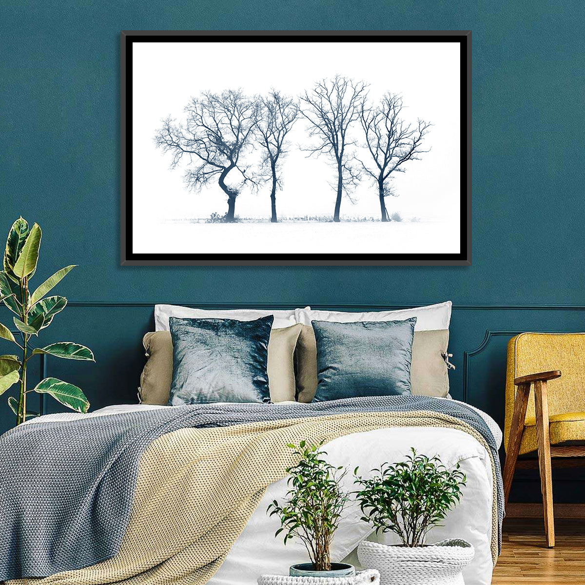 Four Bare Trees in Winter Wall Art in a room, landscape