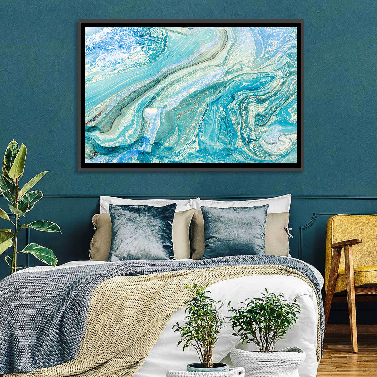 Aqua Marble Swirls with Silver Accents Wall Art