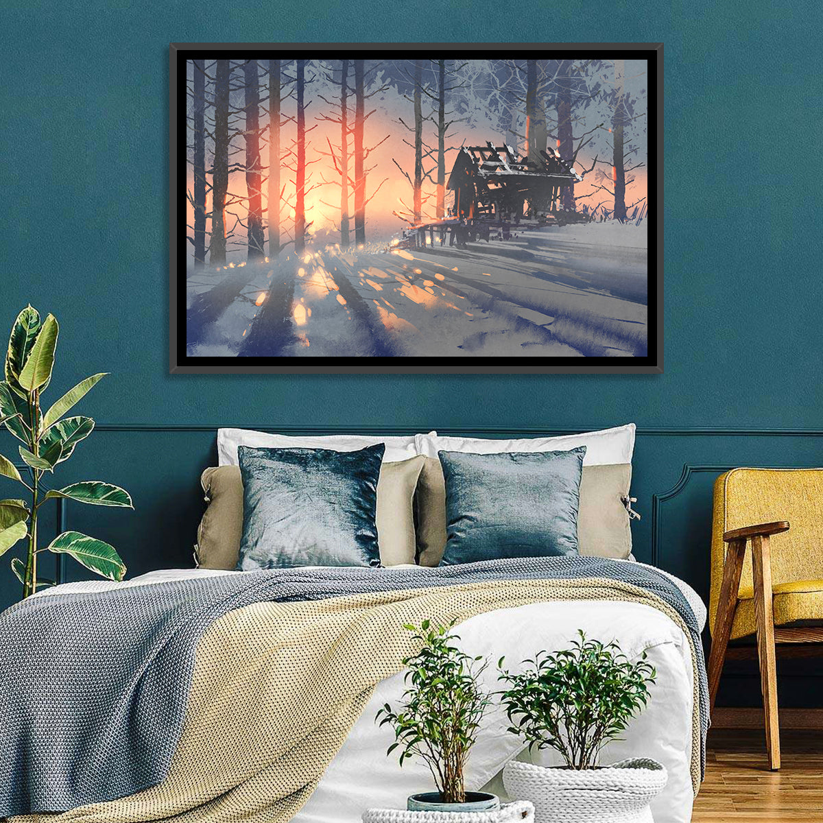 Snowy Forest Cabin at Sunset Wall Art in a room, landscape