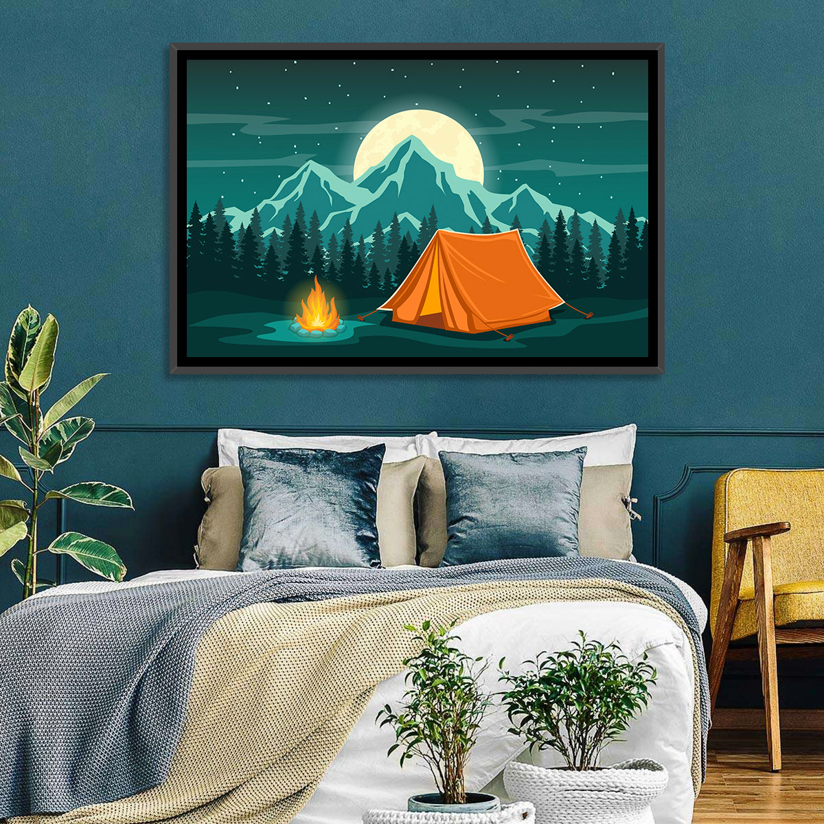 Moonlit Campfire Landscape Wall Art in a room, landscape